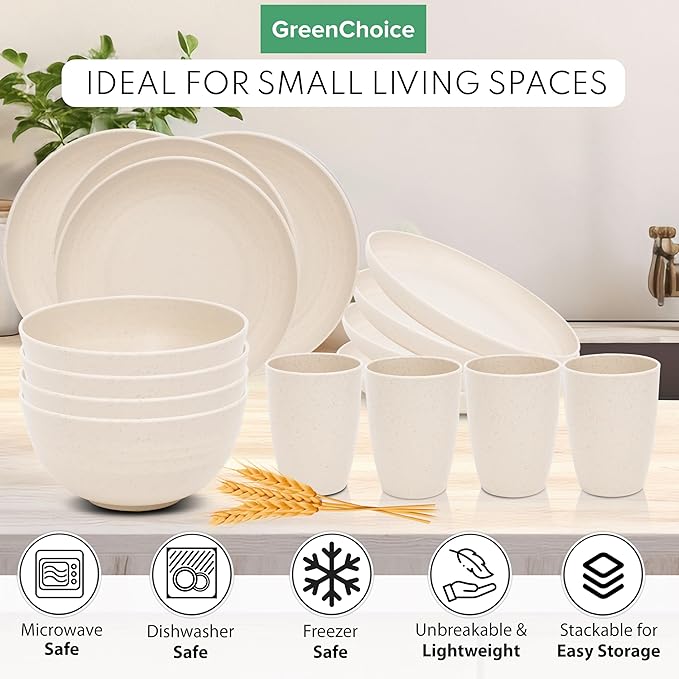 Wheat Straw Dinnerware Sets for 4 - GreenChoice Lightweight & Unbreakable Dishes Microwave & Dishwasher Safe Perfect for Camping, Picnic, RV, Dorm Plates, Cups and Bowls (Beige)