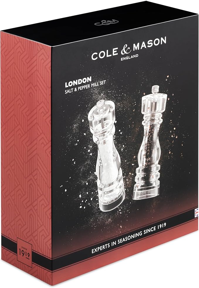 Cole & Mason London Refillable Spice Mill - Kitchen & Home Accessory - Salt & Pepper Grinder Set - Salt Mill with Ceramic Mechanism - Pepper Mill with Carbon Steel Mechanism - 7", Acrylic