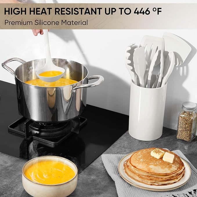 Herogo Silicone Cooking Utensils Set, 7-Piece Kitchen Utensils Set, Heat Resistant Cooking Gadget Tools Slotted Turner, Spoon, Soup Ladle, Pasta Server, Spatula, Tongs for Nonstick Cookware, White