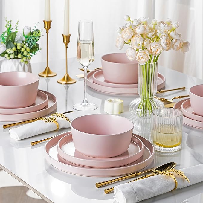 AmorArc Ceramic Plates Set of 6, Matte Glaze 8.0 Inch Dishes Set for Kitchen, Dessert,Salad,Appetizer, Small Dinner Plates, Microwave & Dishwasher Safe, Scratch Resistant, Matte Pink