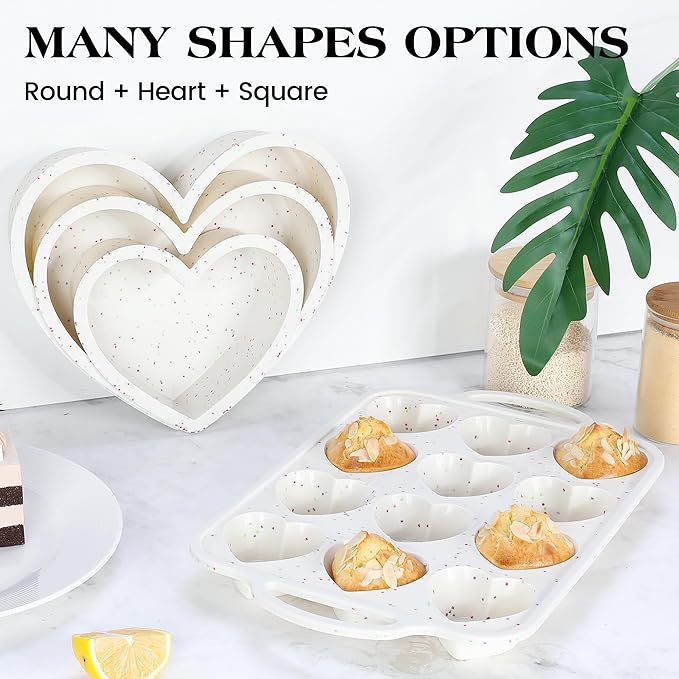 2 Pcs Heart Shaped Muffin Pan with Metal Reinforced Frame 12 Cup Nonstick Silicone Heart Cake Mold for Baking 2.5 Inch Cupcake Tray (Cream)