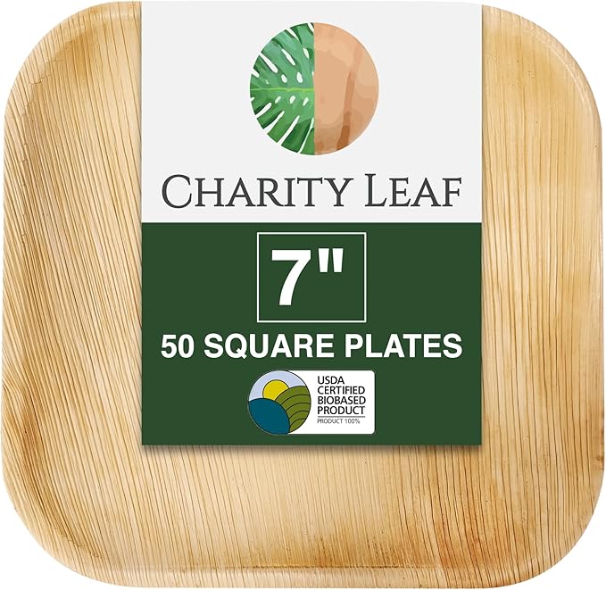 Disposable Palm Leaf 7" Square Plates (50 pieces) Bamboo Like Serving Platters, Disposable Boards, Eco-Friendly Dinnerware For Weddings, Catering, Events