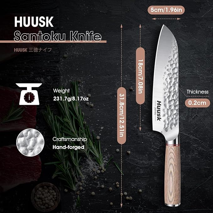 Huusk Japan Knife 7-Inch Santoku Chef Knife Professional Hand Forged High Carbon Steel Kitchen Knives, Japanese Santoku Knives for Meat Vegetables - Wood Handle, Father's Day Christmas Gift Men Women
