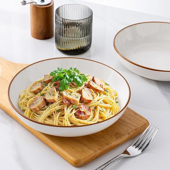 AmorArc 8.5'' Large Pasta Bowls, 36oz Ceramic Salad Serving Bowls Set of 4 for Kitchen, Wide Stoneware Bowls for Pasta,Salad,Fruit,Bread, Microwave Safe, Reactive-Pearl White