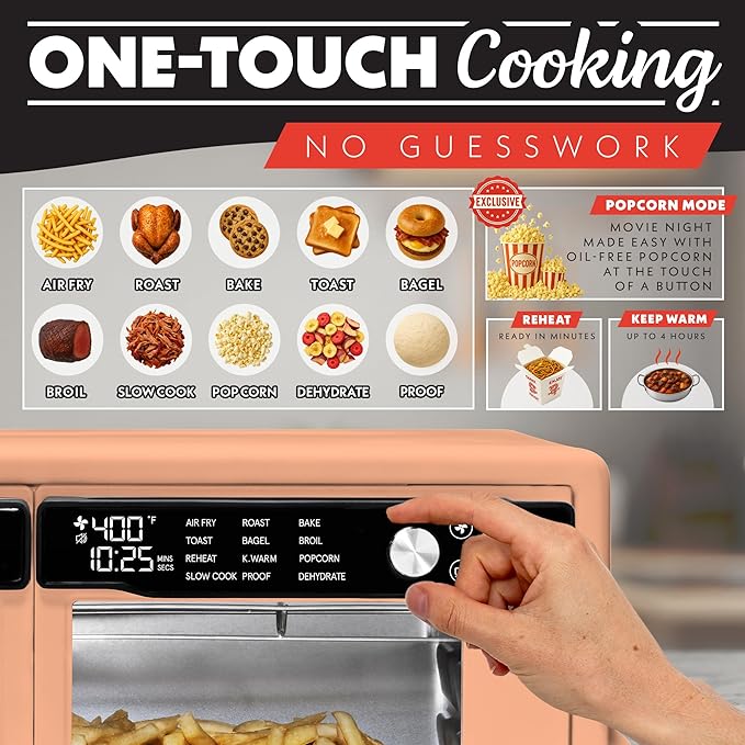 Gourmia French Door Digital Air Fryer Oven - 25-Quart XL Capacity, 12 Presets, Touchscreen, FryForce 360° Tech, Dehydrate, Proof, Slow Cook, Fits 13” Pizza, 1700W, Peach