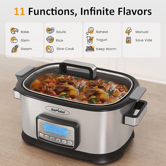 Sunvivi 6.5 Quart Slow Cooker Roaster Oven:11 in 1 programmable Multi-Cooker Food Warmer with Digital Timer, Temp Control, Removable Nonstick Cast Aluminum Pot & Dishwasher-Safe Tempered Glass Lid