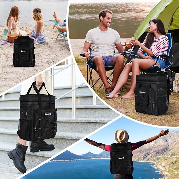 25L Insulated Cooler Backpack with Waterproof Zipper & Multi-Compartment Design Leakproof Lunch Bag for Beach, Camping, Office - Spacious Thermal Light-Weight Backpack for Men and Women-Black