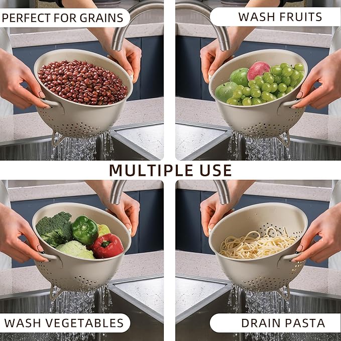 Metal Colander 5 Quart Powder Coated Self-draining Metal Strainer with Base,Kitchen Pasta Fruit Vegetable Basket with Double Handles (Sand Yellow)