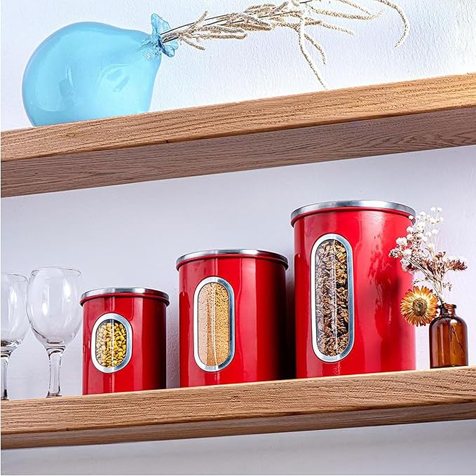 Mixpresso 3-Piece Red Canisters Sets For The Kitchen, Airtight Canister Set With See Through Window, Storage Jars for Coffee Container, Tea Organizer & Sugar Canister, Red Kitchen Canisters