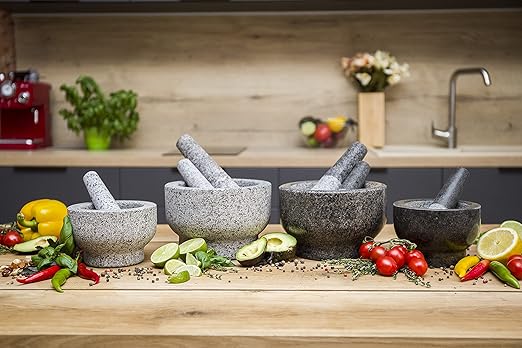 ChefSofi Extra Large 8 Inch 5 Cup-Capacity Mortar and Pestle Set - Black Polished Exterior - One Huge Mortar and Two Pestels: 8.5 inch and 6.5 inch