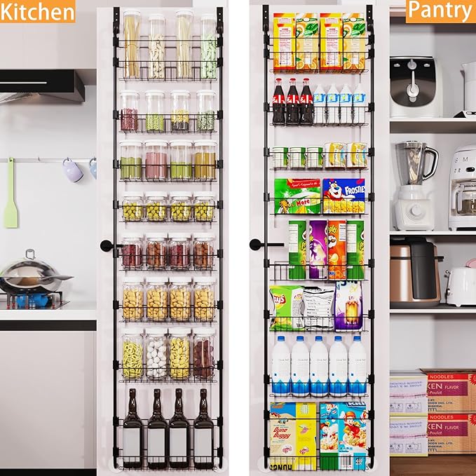 8-Tier Over The Door Pantry Organizers, Pantry Door Organizer and Storage with Adjustable Baskets,Heavy-Duty Metal Spice Rack,essential kitchen and home Shelves (Black)