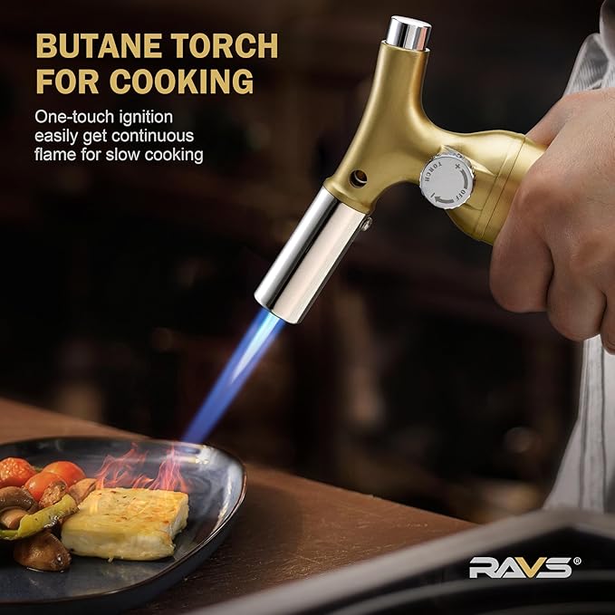 RAVS Butane Torch Lighter with Solid Copper Design, Kitchen Torch Lighter with Adjustable Flame, Refillable Creme Brulee Torch for Cooking, Soldering, Birthday Gifts for Men Women, Butane Not Included