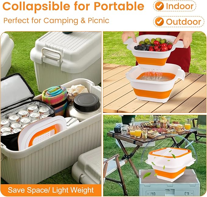 Collapsible Colander Set with Strainer Bowl, 2 in 1 Fruit Washing Basket with Strainer, 5 + 3 QT Plastic Colander for Kitchen, Foldable Double Layered Colanders Bowl for Berry, Vegetable, Orange