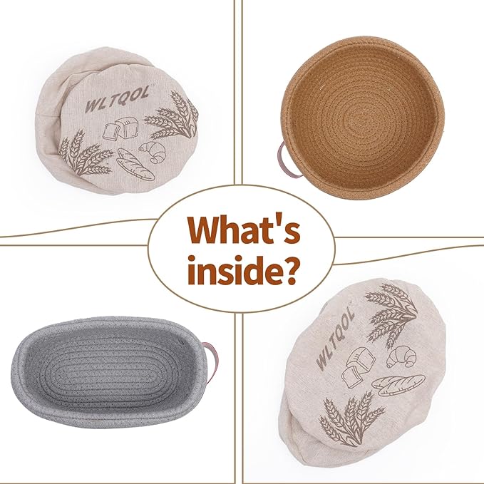 Cotton Rope Banneton Bread Proofing Basket Set, Oval & Round Bread Baskets with Liners & Covers for Artisan Bread Baking, Sourdough Bread Baking Supplies