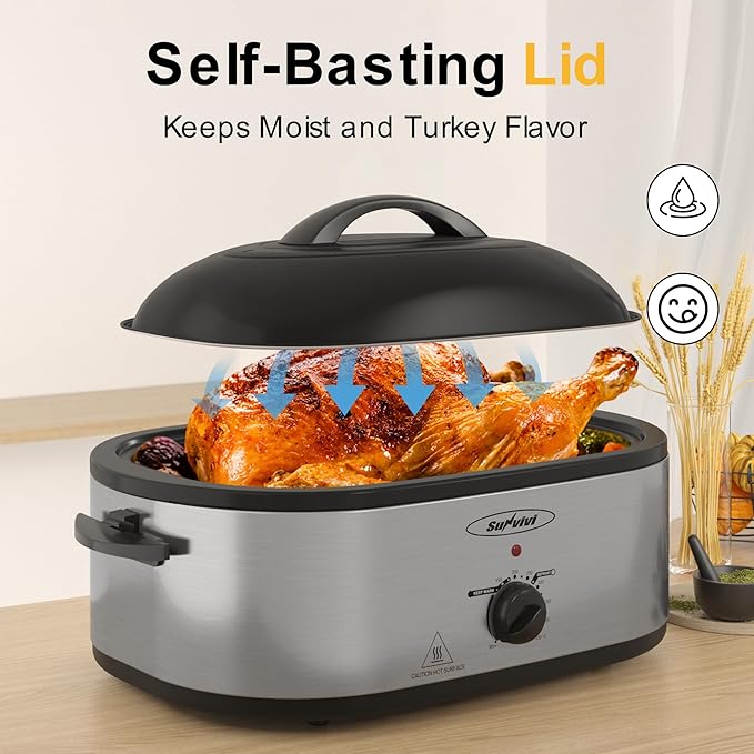 Sunvivi 22lb 18-Quart Roaster Oven, Electric Roaster Oven with Self-Basting Lid, Turkey Roaster with Unique Defrost/Warm Function, Large Roaster with Removable Pan & Rack, Stainless Steel, Silver