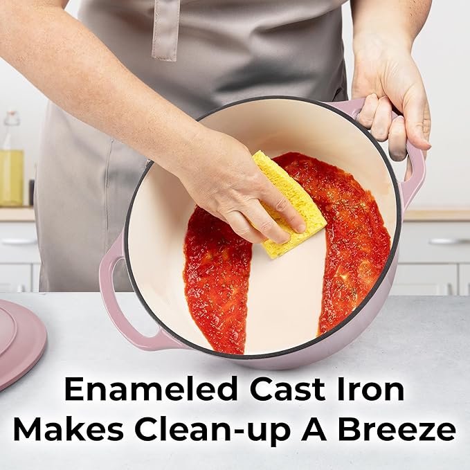 Zulay Kitchen 5 Quart Enameled Cast Iron Dutch Oven with Lid,Silicone Trivet & Heat Pad – Premium Durability & Oven Safe up to 500°F – Heavy Duty Cookware Perfect for Bread Baking, Stews, Braising & Roasting – Pink