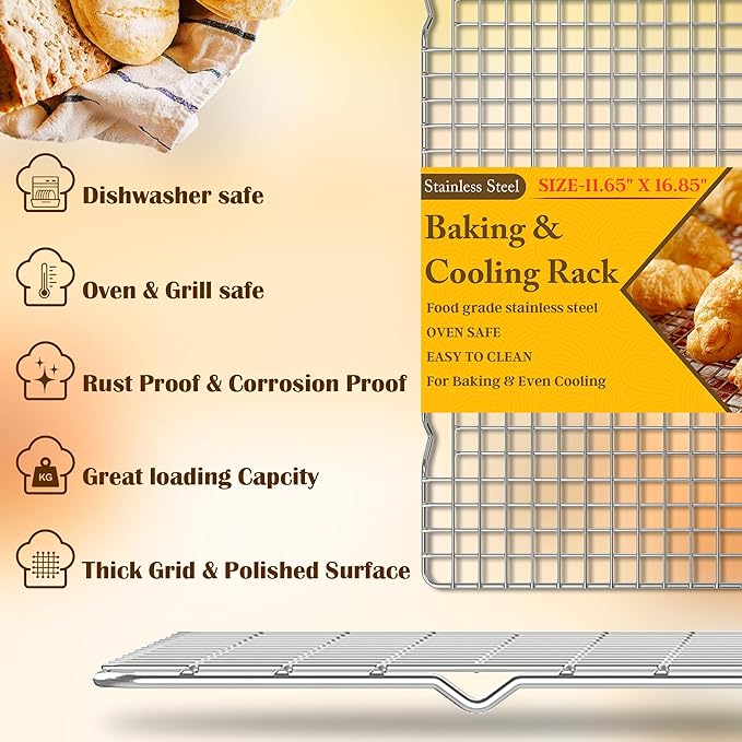 2PCS Cooling Racks for Cooking and Baking -11.65''x16.85''Heavy Duty Stainless Steel Wire Rack for Baking, Grilling, Roasting - Oven & Dishwasher Safe - Fits Half Sheet Pan(Silver)