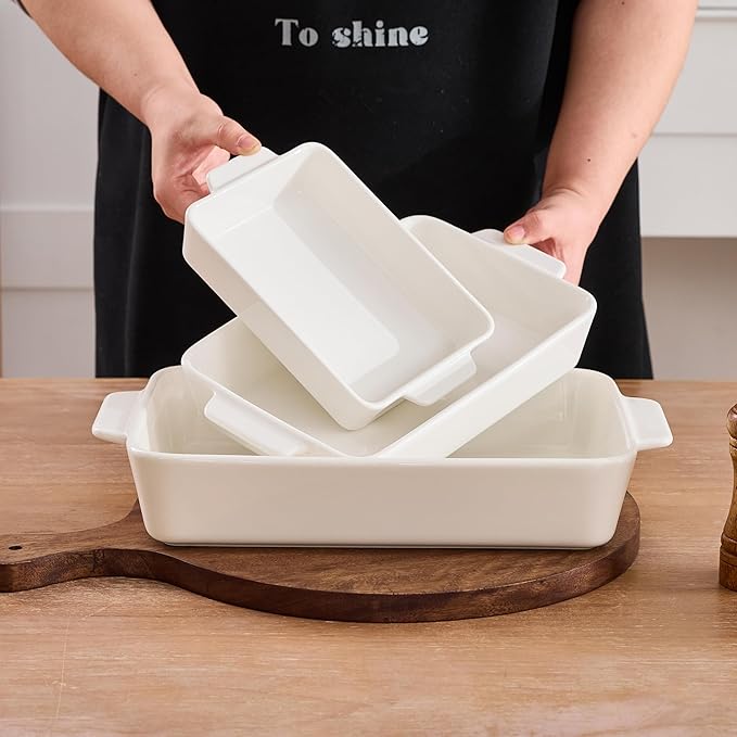 Ceramic Bakeware Set, Rectangular Porcelain Baking Dishes for Kitchen, Lasagna Pans with Handle for Cooking, 13"/10"/7.6" Baking Pan Deep Casserole Dish for Baking, Set of 3 White