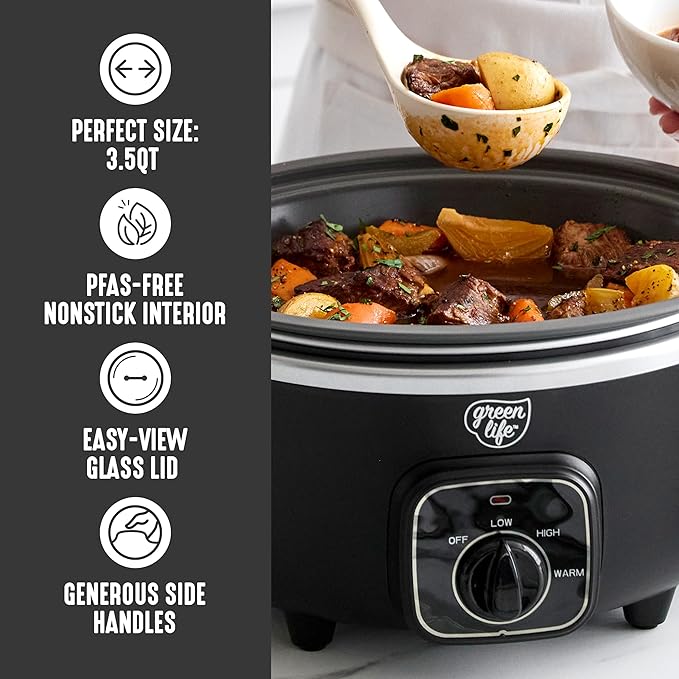 GreenLife 3.5QT Slow Cooker, Non-Toxic PFAS-Free Ceramic Nonstick Removable Interior Bowl, Programmable, Keep Warm, Stovetop & Oven Safe, Dishwasher Safe Parts, Glass Lid, Black