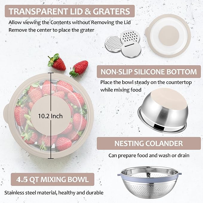 E-far Colander with Mixing Bowl Set, 4-1 Stainless Steel Colander Strainers Bowl with Graters for Kitchen, Rotatable Food Strainer Bowl for Rinsing Fruits Vegetables/Draining Pasta - Khaki
