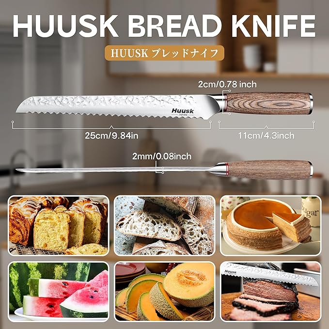 Huusk Bread Knife 10-Inch Japan Professional High Carbon Steel Hand forged Ultra Sharp Serrated Knife Wide Wavy Edge Bread Slicing Knife for Homemade Bread Cake Father's Day Christmas Gift
