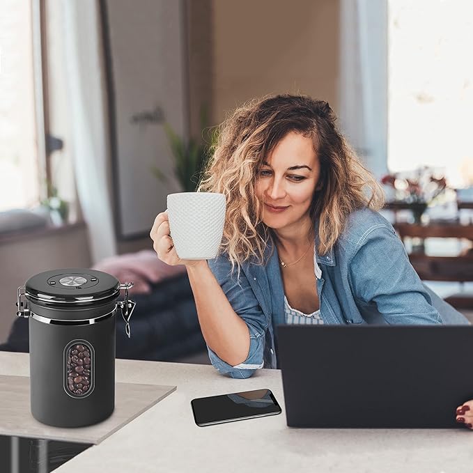 1500ML Airtight Coffee Canister with Date Tracker&Transparent Window, 18OZ Coffe Beans Storage with 30ML Measure Spoon&4 co2 Valve, Coffee Container for Grounds Coffee, Beans, Tea, Sugar, Flour(Black)