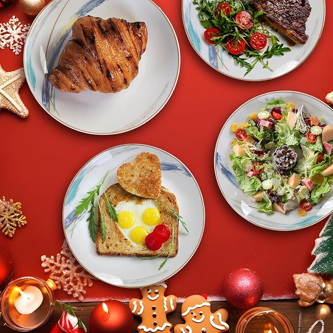 Ceramic Dessert Plates Set of 8, 8 inch, Appetizer Plates, Salad Plates, Small Plates, Microwave & Dishwasher Safe, Fantasy Series, Gold Rim