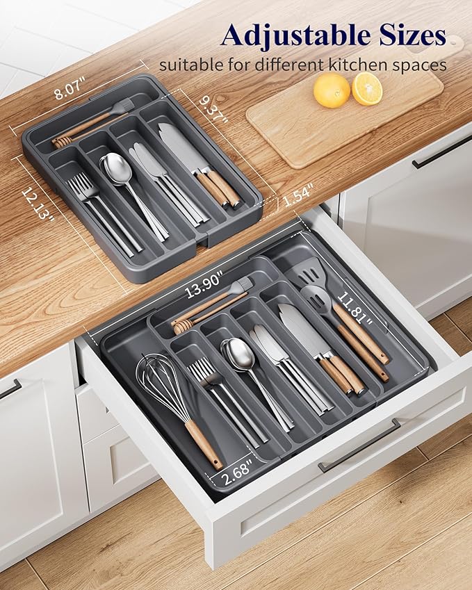 Kitsure Cutlery Drawer Organiser for Kitchen - Adjustable Cutlery Tray for Effortless Utensil Sorting, Versatile Kitchen Storage & Organisation Solution, 12.13" x 1.54" x 8.07"~13.90", Grey