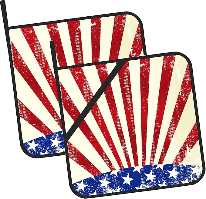 4th of July Grunge American Flag Pot Holders for Kitchen Heat Resistant Pot Holders Set of 2 Oven Hot Pads Pot Holders for Cooking Baking BBQ Gifts for Women