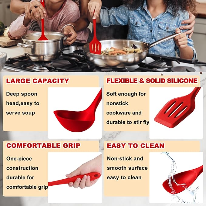 E-far 10 Pieces Silicone Cooking Utensils Set, Heat Resistant Kitchen Utensil Set for Nonstick Cookware, Kitchen Cooking Tools with Spatula, Spoon, Slotted Turner, Non-Toxic & Dishwasher Safe (Red)