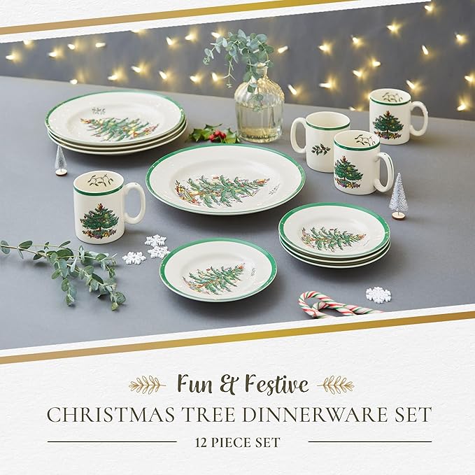 Spode Christmas Tree 12-Piece Dinnerware Set (Service for 4) - Festive Holiday Tableware Collection with Plates and Mugs - Fine Earthenware Christmas Dinnerware - Microwave & Dishwasher Safe