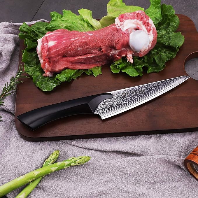FINDKING 6 Inch Boning Knife, Damascus Steel Skinning Knife, Sharp Meat Knife for Bones (Cheetah Series, w/Ebony Wood Handle)