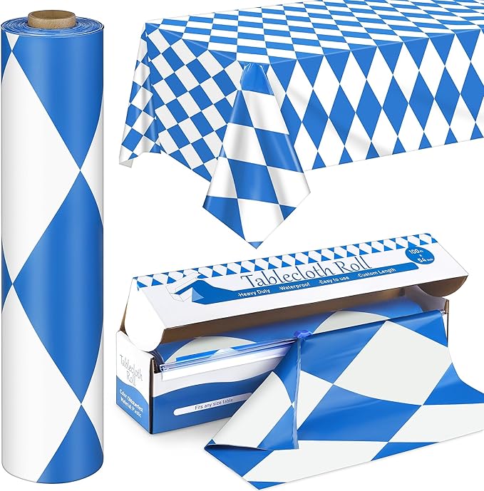 100 Ft x 54 Inch Oktoberfest Plastic Tablecloth Roll with Slide Cutter Box Disposable Bavarian Blue & White Argyle Design, Waterproof Blue Diamond Table Cover for Festivals Events Party Decor