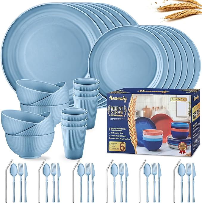 Wheat Straw Dinnerware Sets,48-Piece Plates and Bowls Sets for 6-Unbreakable,Reusable Plastic Dish Set-Dinner Plate/Dessert Plate/Cereal Bowl/Cup/Utensils-Microwavable Dishwasher Safe 48P-Blue