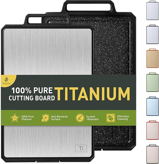 Titanium Cutting Boards for Kitchen Chopping Board with Handle Large Big Small Kitchen Meat Butcher Block 2 in 1 Pure Titanium and Wheat Straw PP Not Wood Bamboo Plastic Silicone Teak Black/Grey
