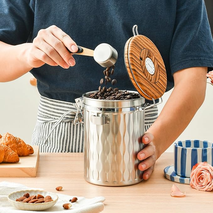 TEDSWAIT Coffee Container with Sealed Cantilever Lid and Scoop, Airtight Stainless Steel Kitchen Food Storage Canister with Date Tracker, 1.8L(Silver)