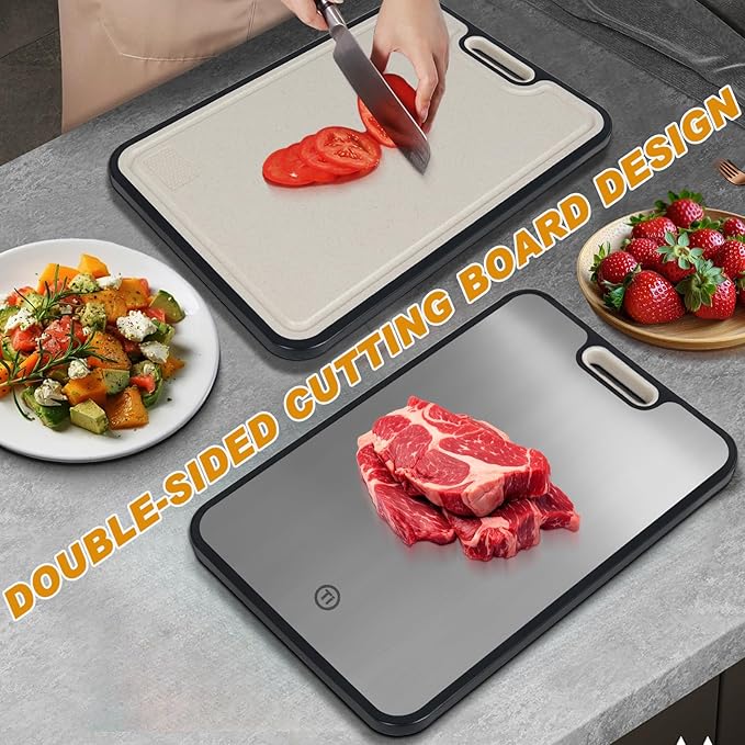 Titanium Cutting Boards for Kitchen, Pure Titanium Metal & Wheat Straw 2 Sided Healthiest Chopping Board, Dishwasher Safe Easy to Clean Large Size 16”×11”