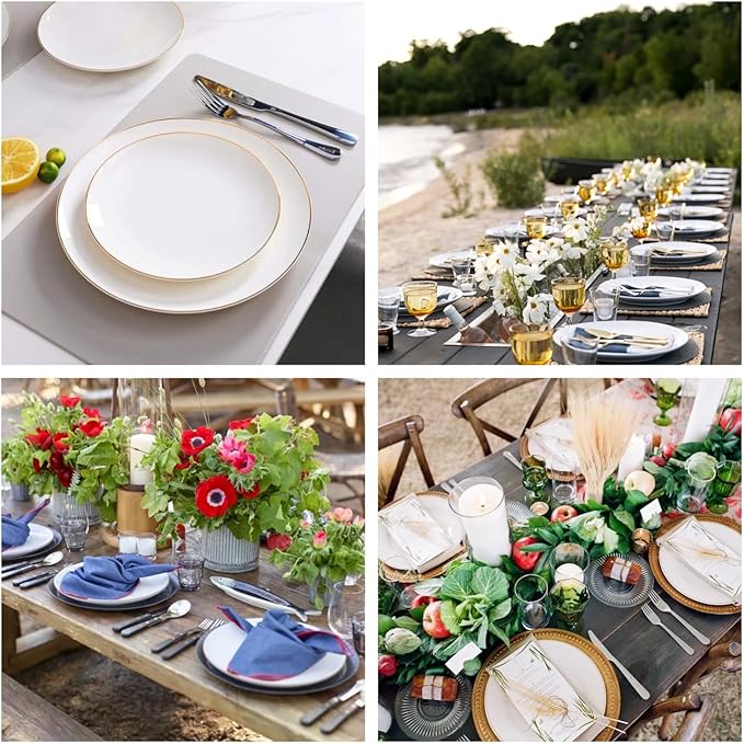 10.5” Porcelain Coupe Dinner Plates with Golden Rim, Stackable Off-White Ceramic and Round, Perfect for Salad, Dessert, Steak, Pasta (Set of 6)