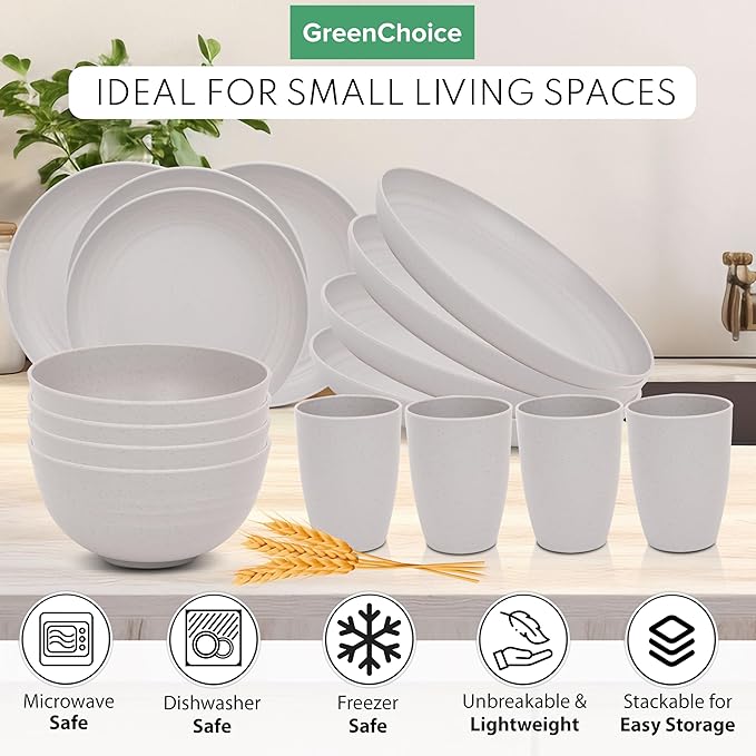 Wheat Straw Dinnerware Sets for 4 - GreenChoice Lightweight & Unbreakable Dishes Microwave & Dishwasher Safe Perfect for Camping, Picnic, RV, Dorm Plates, Cups and Bowls (Gray)