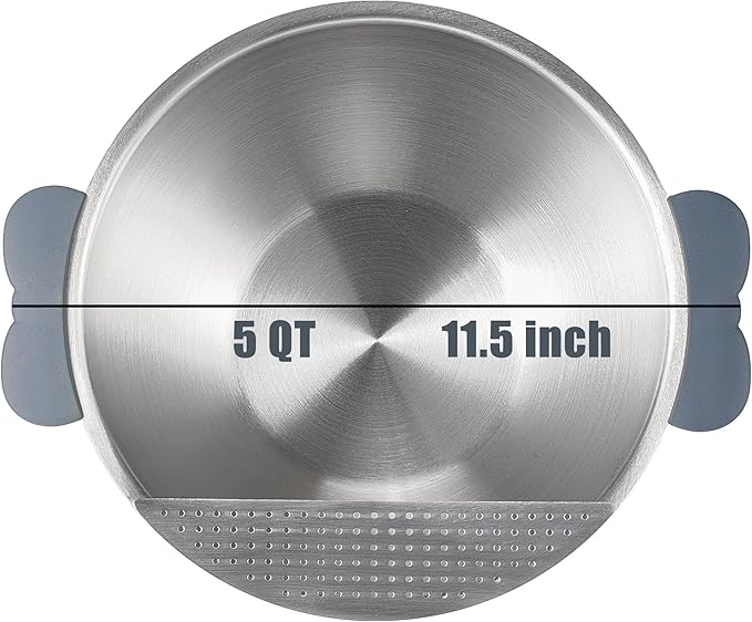 Rice Washer Strainer Bowl Quinoa Washing Bowl 18/10 Stainless Steel Colander Versatile Good Grips Side Drainers for Cleaning Rinsing Fruits, Vegetables, and Beans - Tilting Non-slip Silicone Bottom