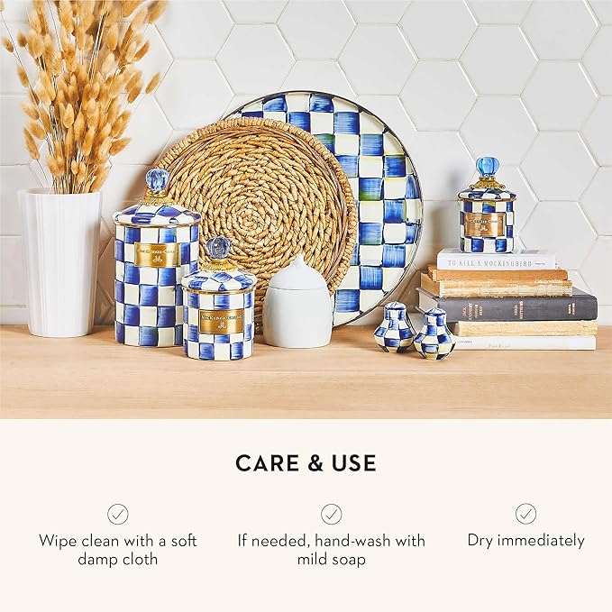 MACKENZIE-CHILDS Enamel Canister Set, Small (38 oz.), Medium (48 oz.), and Large (64 oz.) Kitchen Containers, Blue-and-White Royal Check