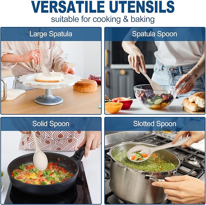 TeamFar Silicone Cooking Utensils, 7 PCS Heat Proof Kitchen Utensils Set, Kitchen Tools Spatula Turner Ladle Spoon Pasta Fork for Nonstick Cookware, Non-Toxic & Dishwasher Safe, Khaki