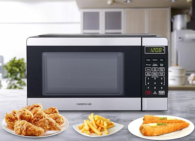 Farberware 0.7 Cu. Ft, Compact Microwave Oven, 700-Watt, with Auto Cook Menus, Child Lock, Stainless