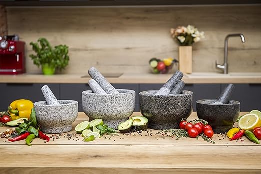 ChefSofi Extra Large 8 Inch 5 Cup-Capacity Mortar and Pestle Set - One Huge Mortar and Two Pestels: 8.5 inch and 6.5 inch - Unpolished Heavy Granite for Enhanced Performance and Organic Appearance