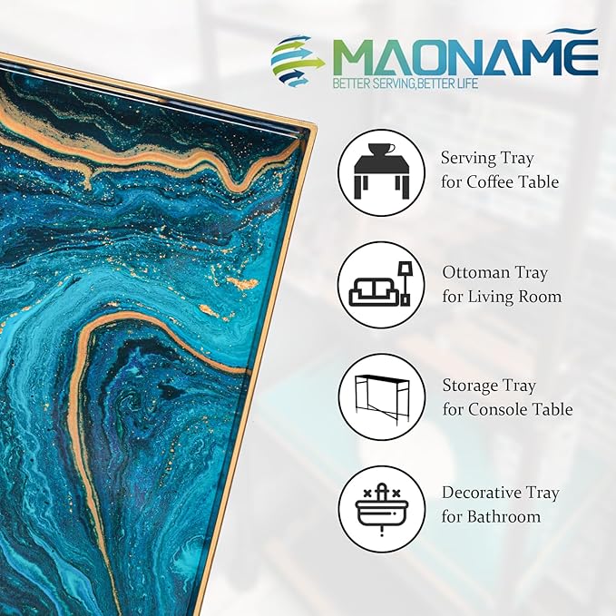 MAONAME Plastic Decorative Tray, Marbling Tray with Handles, Rectangular Coffee Table Trays, Blue Serving Trays for Ottoman, Bathroom, 15.7” x 11.8”
