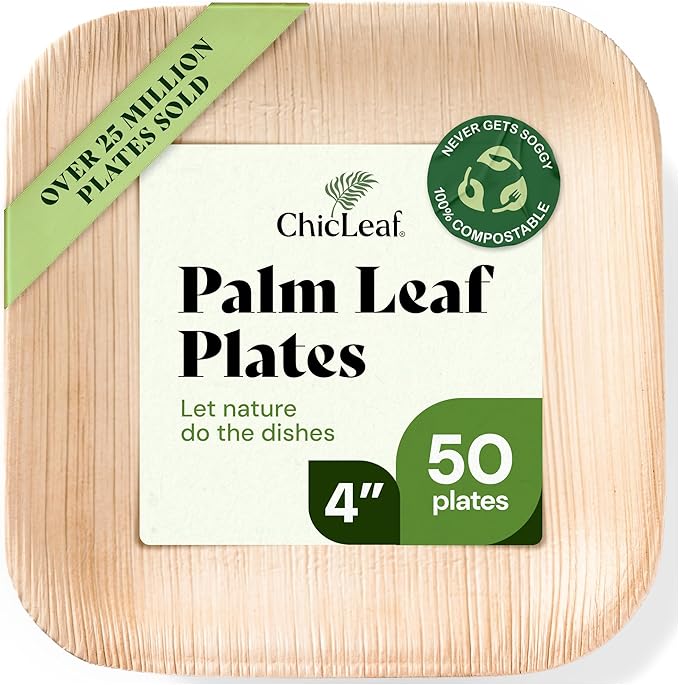 Chic Leaf Compostable & Biodegradable Palm Leaf Disposable Bamboo Plates - Disposable Party Plates for Appetizers - Party Supplies (4'' - 50 Pack)