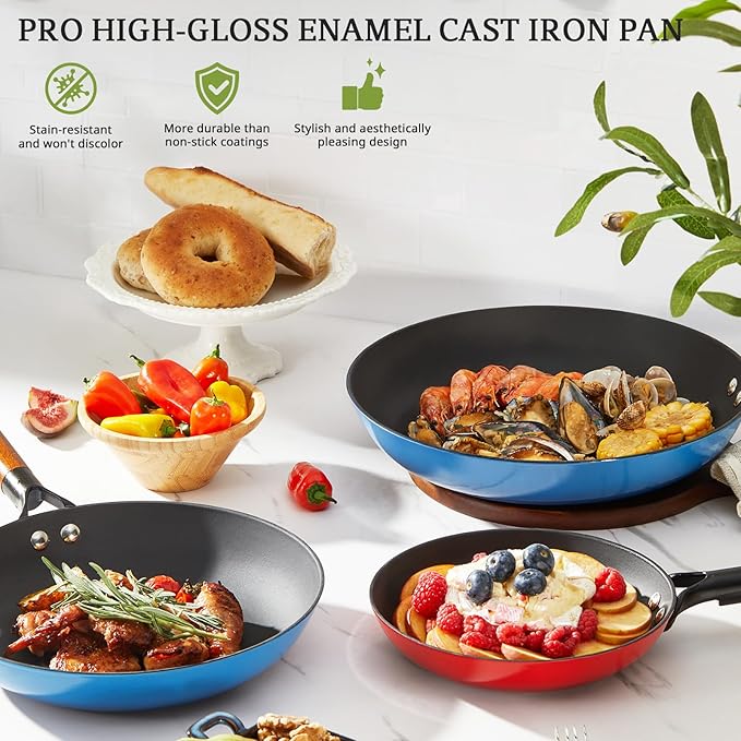 KITESSENSU Enameled Cast Iron Skillets - Non Stick Frying Pans Set with Durable Wooden Handle - 10&12 Inch Titanium Cast Iron Pans for Multi-Cooking - Pre Seasoned Cookware Set - Gradual Cobalt Blue