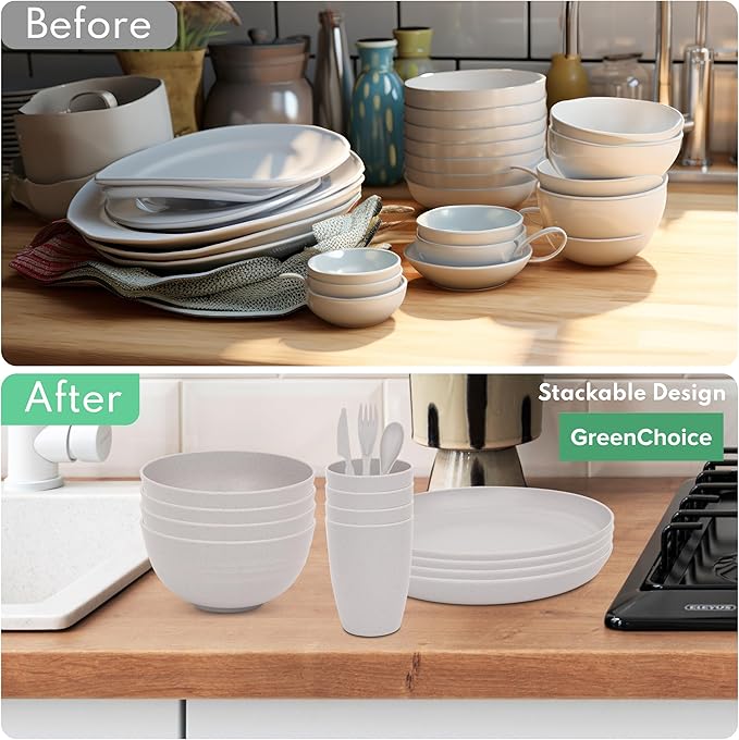 Wheat Straw Dinnerware Sets for 4 - GreenChoice Lightweight & Unbreakable Dishes Microwave & Dishwasher Safe Perfect for Camping, Picnic, RV, Dorm Plates, Cups and Bowls (Gray)