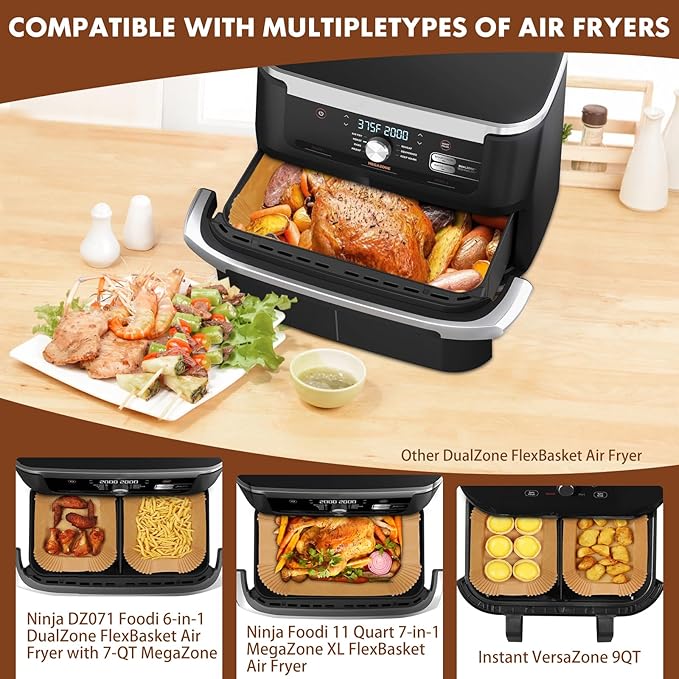 Air Fryer Liners Disposable 150Pcs for Ninja Foodi DZ071 7-Qt/11-Qt/Instant 9 Qt Dualzone Flex Basket Air Fryer,100Pcs Small Airfryer Liners for Dualzone Flexbasket & 50Pcs Air Fryer Parchment Paper