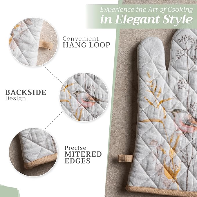 Maison d' Hermine 100% Cotton Oven Mitt & Pot Holder Set (7.5"x13" & 8"x8") Heat Resistant BBQ Cooking Gloves with Loop, Grilling, Kitchen, Handling Hot Pans Spring/Summer (Meadow Florals - Beige)